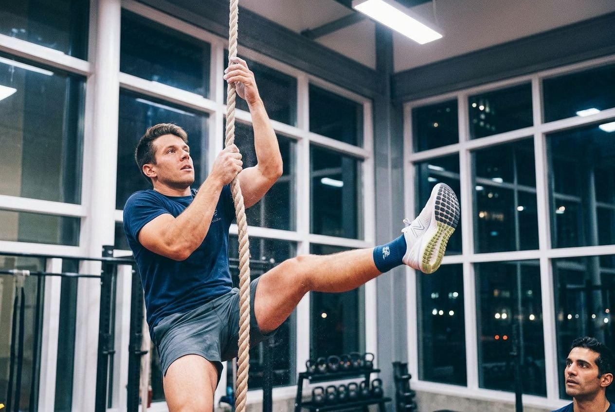 Homme en entraînement sur corde dans une salle de sport moderne, avec un partenaire à proximité, ambiance fitness et matériel de sport autour.