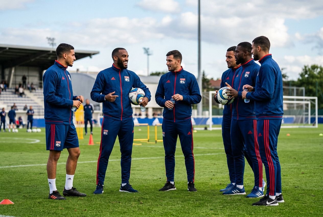 Homme sportive échangant autour d’un groupe sur un terrain de football, tous en survêtement bleu, échangeant des ballons et préparation d’entraînement. survêtement club personnalisé intégré naturellement.