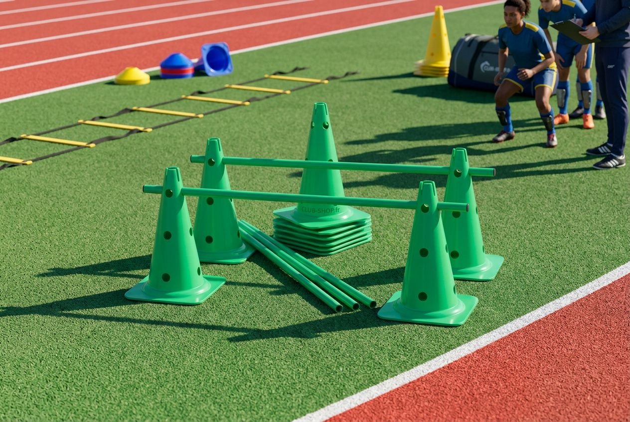Jeu d'entraînement sur piste avec cônes verts, barres et plots, matériel d'entraînement sport collectif prêt pour une séance.