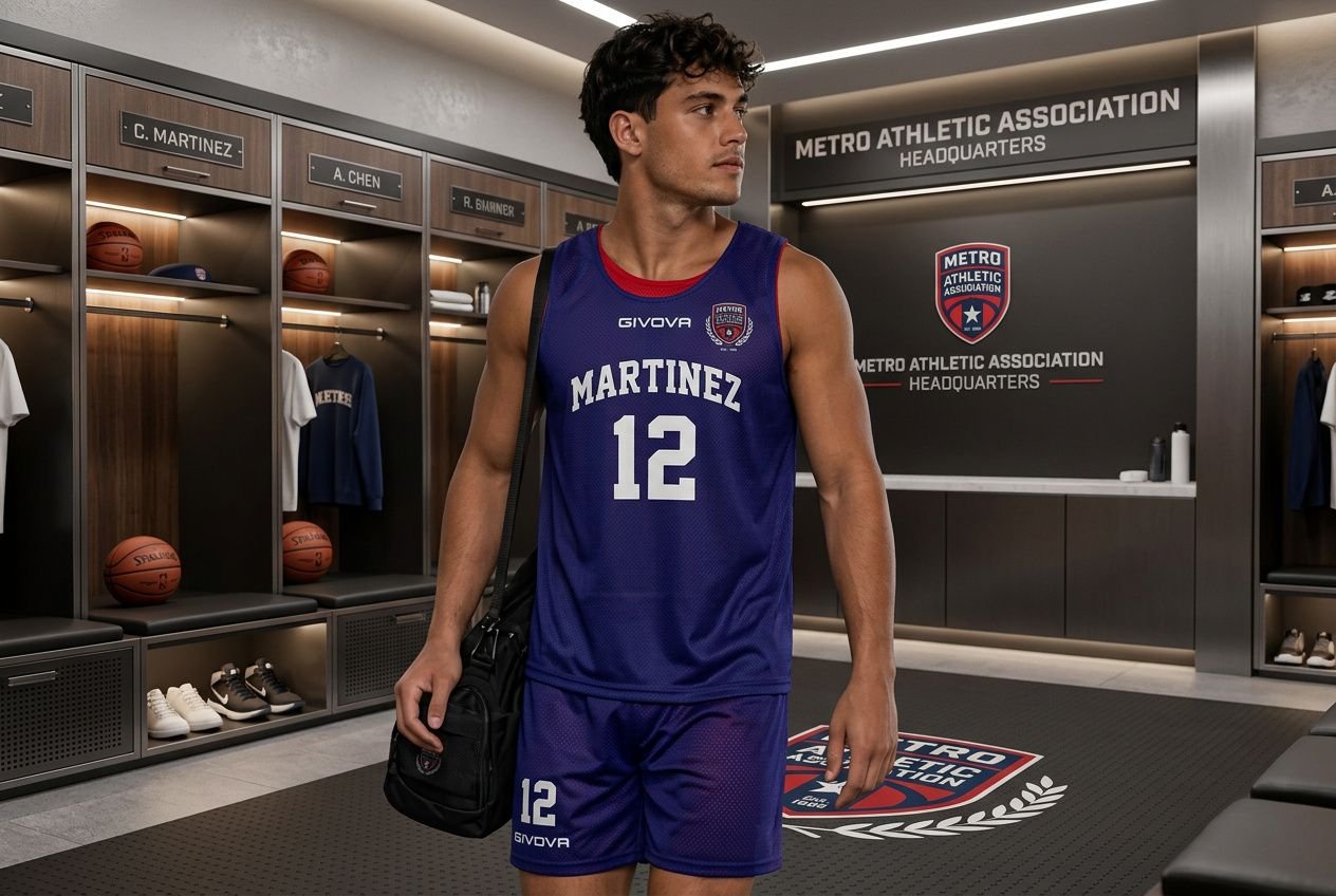 Joueur de basket en tenue personnalisée association sportive bleu with numéro 12 dans les vestiaires du club Metro Athletic Association.
