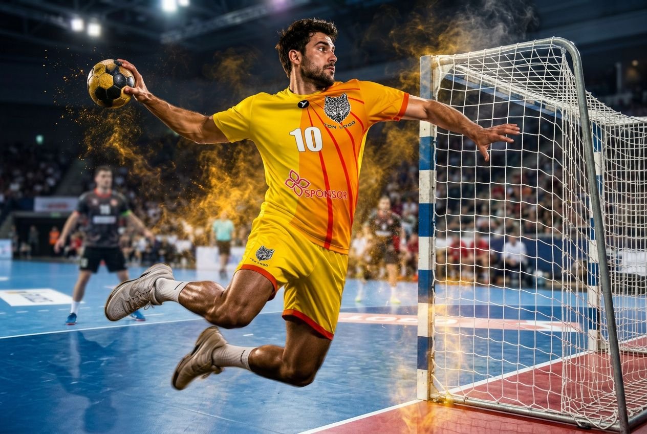 Joueur de handball en tenue personnalisée jaune numéro 10 effectuant un tir en personnalisation équipement sportif