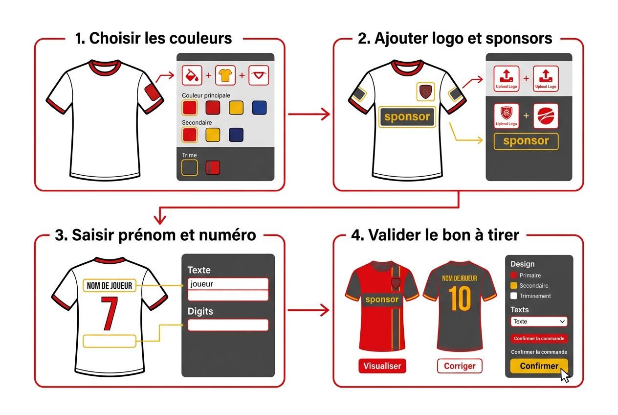 Maillot de foot personnalisé prénom pour enfant et adulte avec nom du joueur et numéro à configurer en ligne.