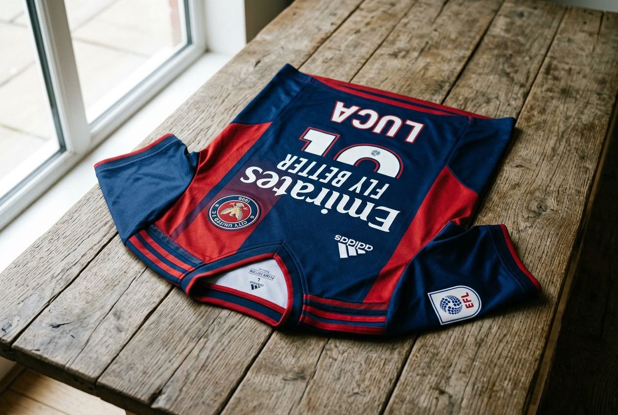 Maillot de foot personnalisé prénom posé sur une table en bois, côté dos visible avec nom LUCA et numéro 2, logo Adidas et badge EFL.