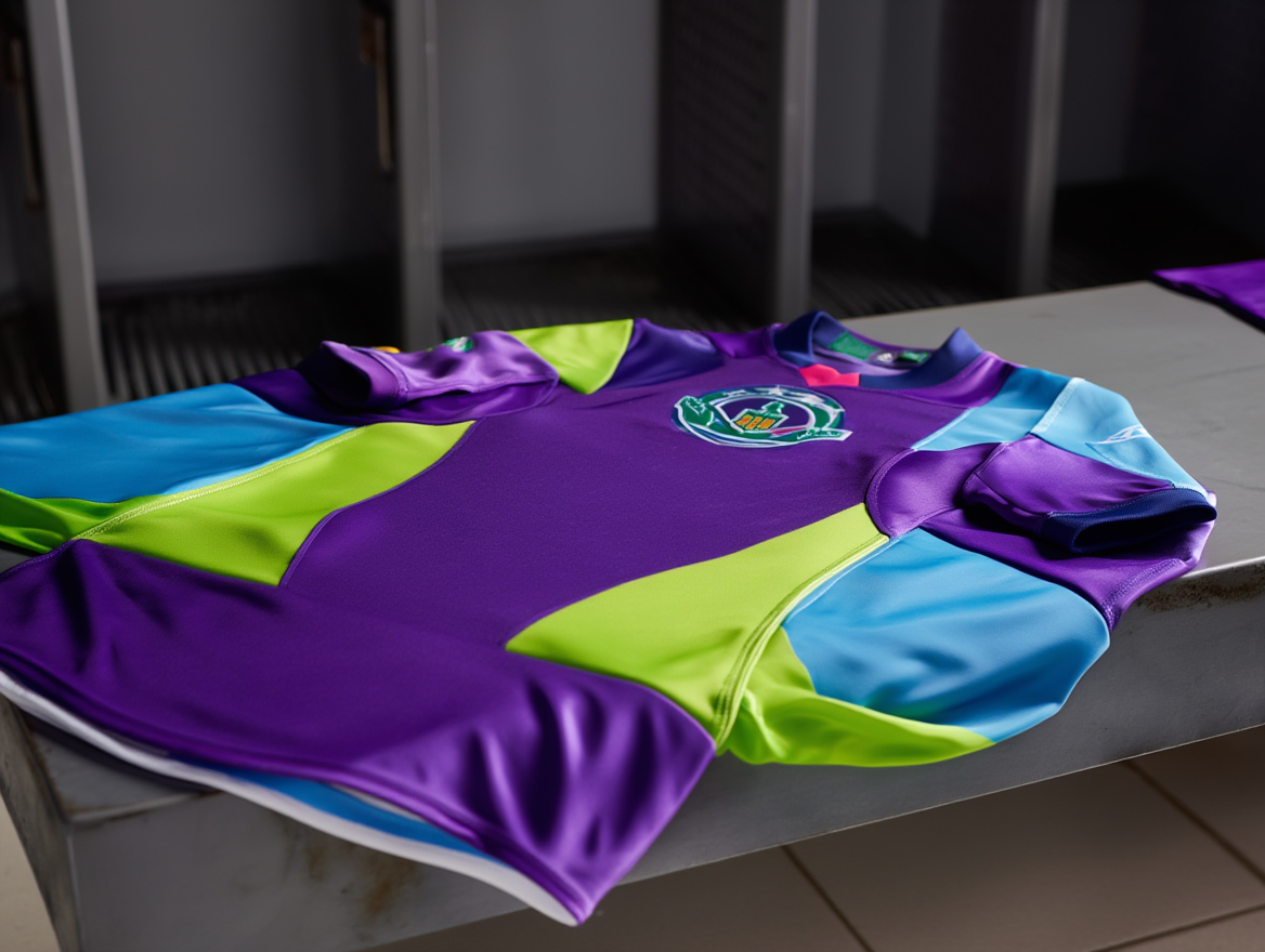 Maillot sport personnalisé pas cher plié sur table, color-block violet, jaune et bleu avec logo d’équipe.