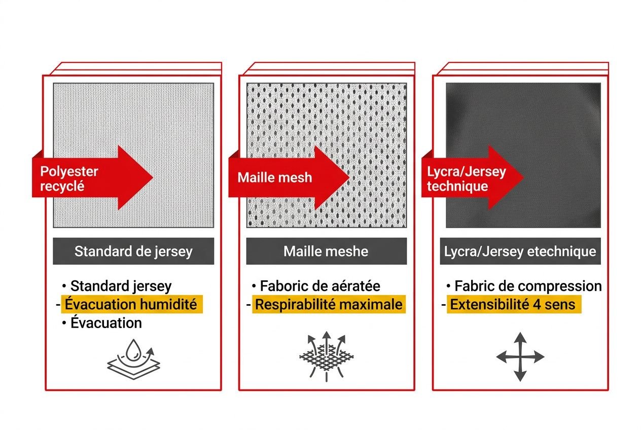 Schéma comparatif des tissus techniques: détail des étapes et étiquettes "Polyester recyclé", "Maille mesh", et "Lycra/Jersey technique" avec flèches rouges illustrant les flux et les propriétés clés. Le texte met en avant le meilleur textile pour le sport.