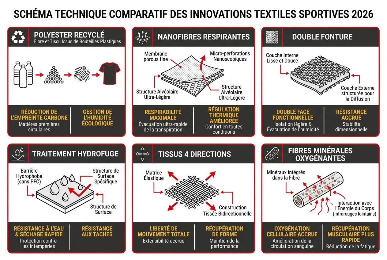 Schéma technique comparatif des innovations textiles sportifs 2026 avec six sections: fibres recyclées, nanofibres respirantes, double fonte, traitement hydrofuge, tissus 4 directions et fibres minérales oxydogènes.